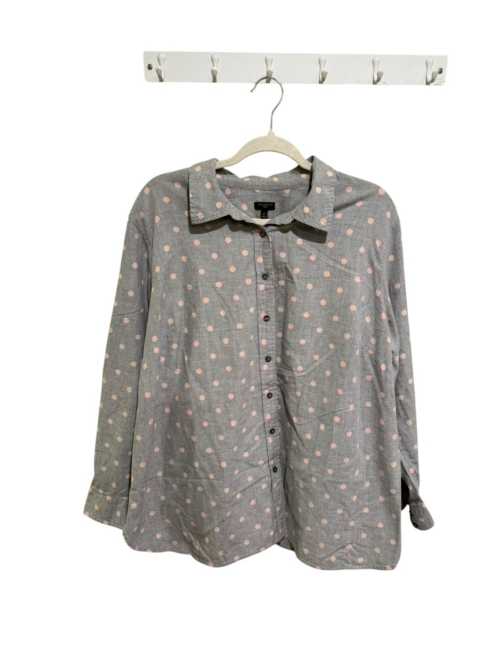 Talbots Super Soft 100% Cotton Grey Shirt with Pale Pink Polka Dots - Size 2X